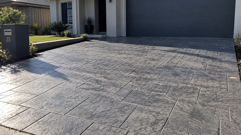 Charcoal slate-pattern stencilled concrete driveway at a Canberra home