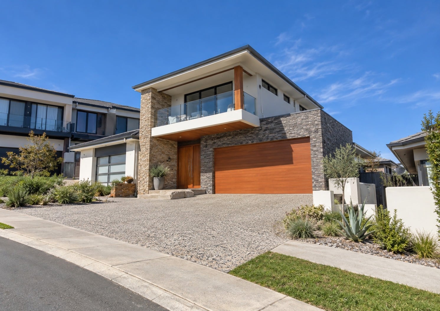 Exposed aggregate driveway at a stone-clad two-storey home in Taylor, ACT
