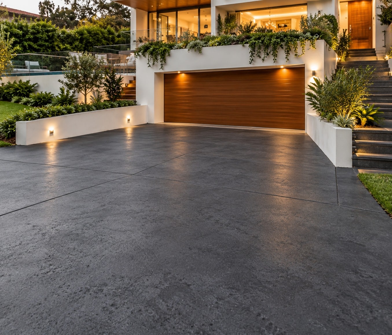 Charcoal concrete driveway with saw-cut joints at a modern home in Chapman, ACT