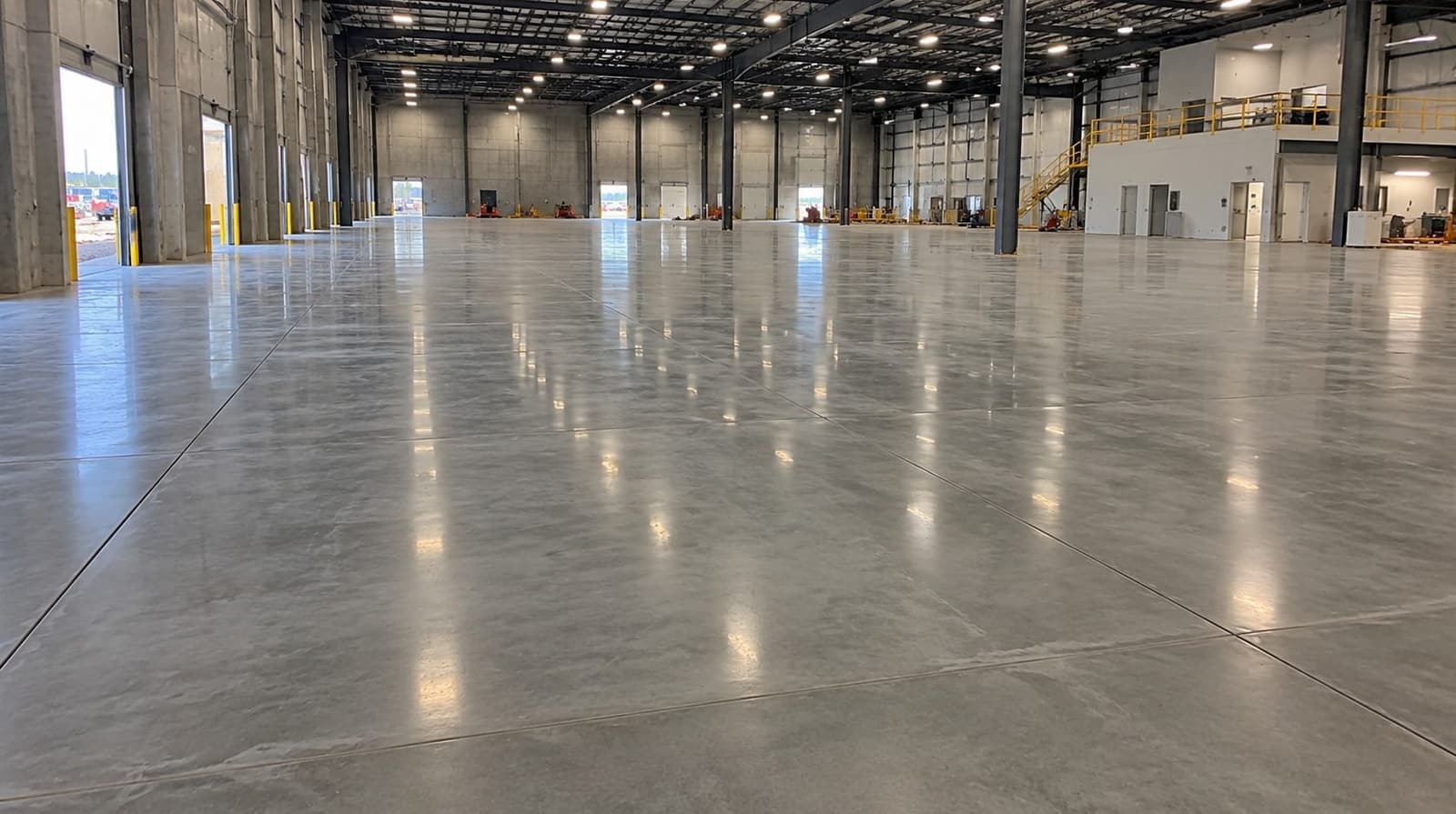 Large sealed commercial concrete floor with saw-cut joints inside a new Canberra warehouse and office building