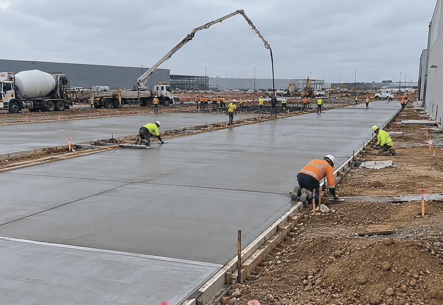 Concrete crew edging and finishing freshly poured slab sections as a pump and agitator truck deliver concrete on a Canberra site
