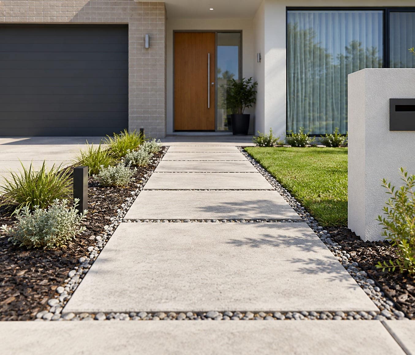Concrete stepping-slab front path leading to a timber front door in Rivett, ACT