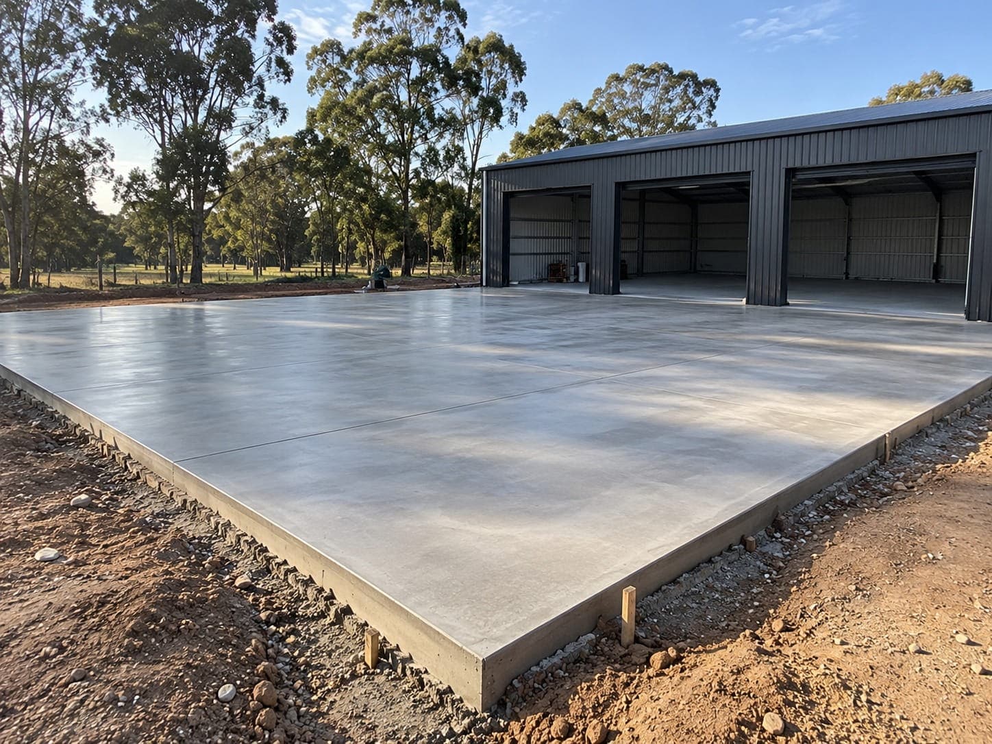 Concrete shed slab beside a three-bay steel shed in Casey, ACT