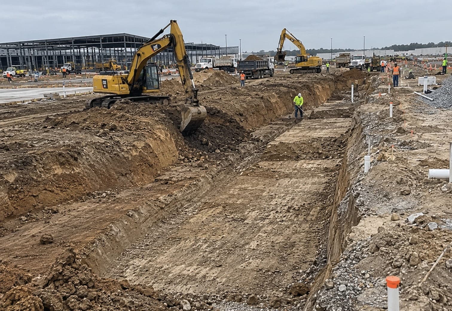 Excavator digging a wide trench on a Canberra commercial site with trucks and a steel building frame behind