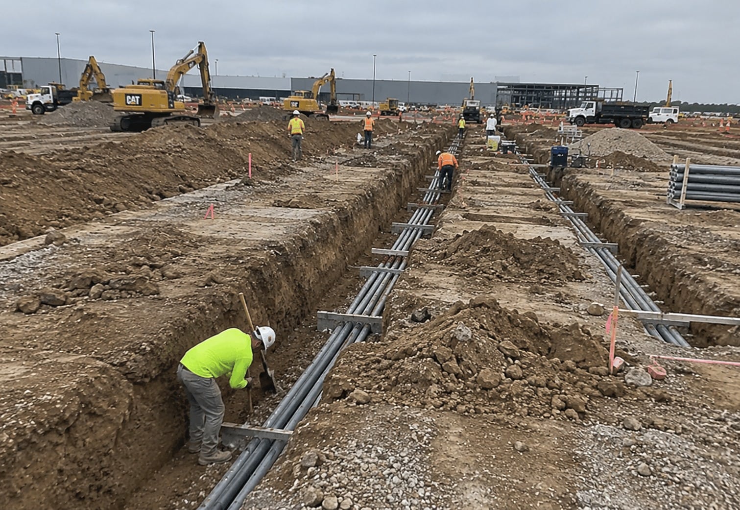 Workers in open trenches with conduit runs laid on spacers, and excavators working behind on a Canberra earthworks site