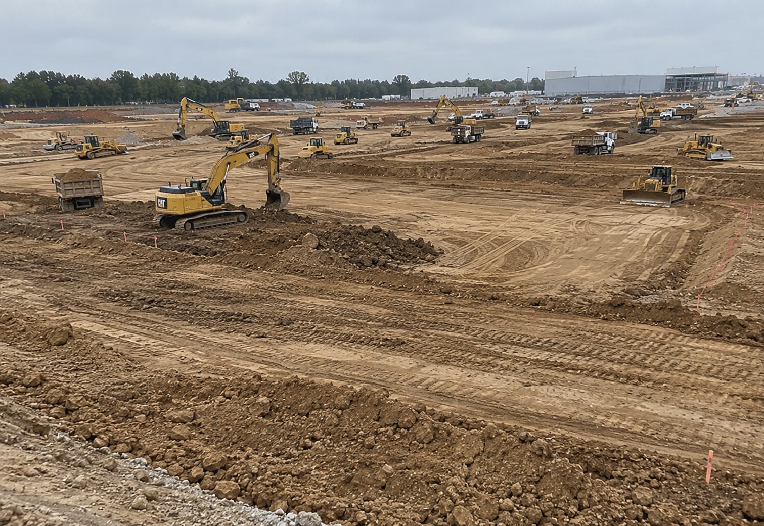 Excavators, dozers and dump trucks working across a large bulk excavation on a Canberra development site