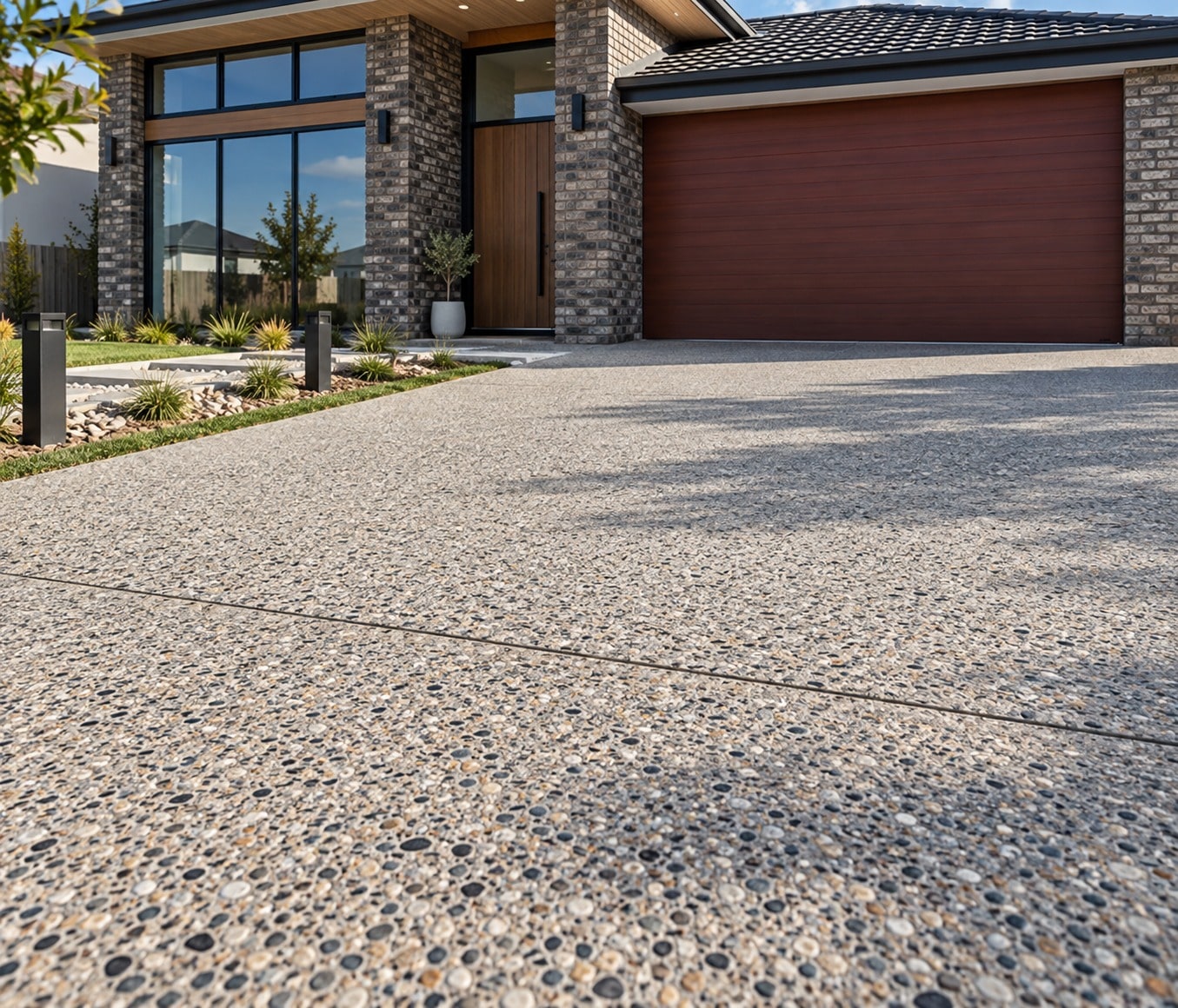 Exposed aggregate driveway in front of a brick home in Wright, ACT