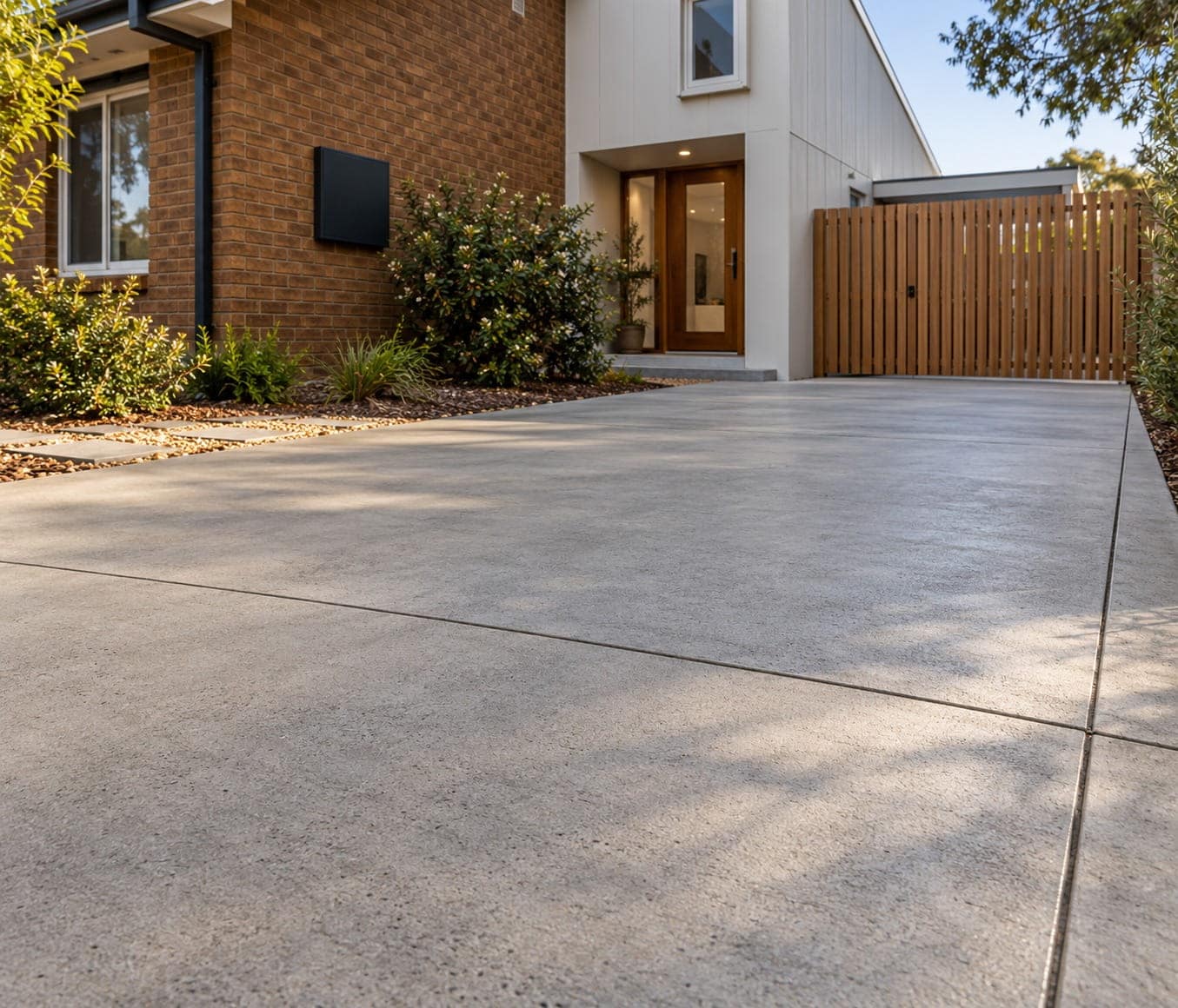Plain grey concrete driveway past a brick home and timber gate in Sutton, New South Wales