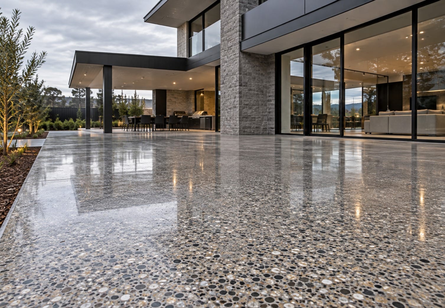 Polished concrete floor flowing out to a covered alfresco in Hughes, ACT
