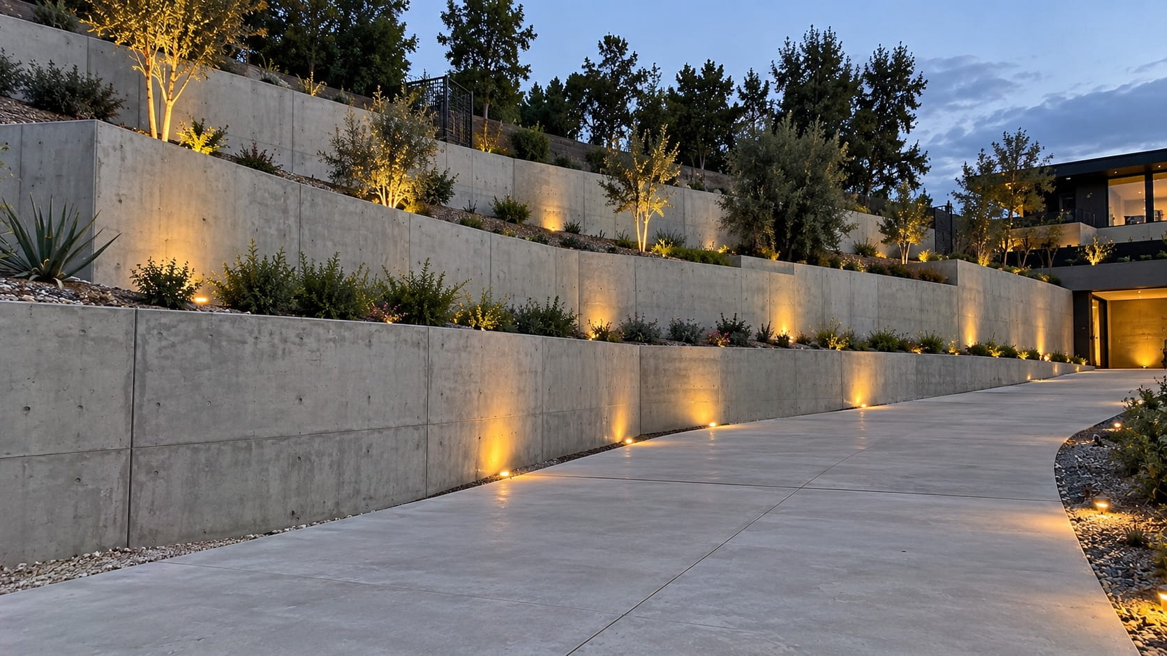Tiered concrete retaining walls beside a curved driveway on a sloping block in Turner, ACT