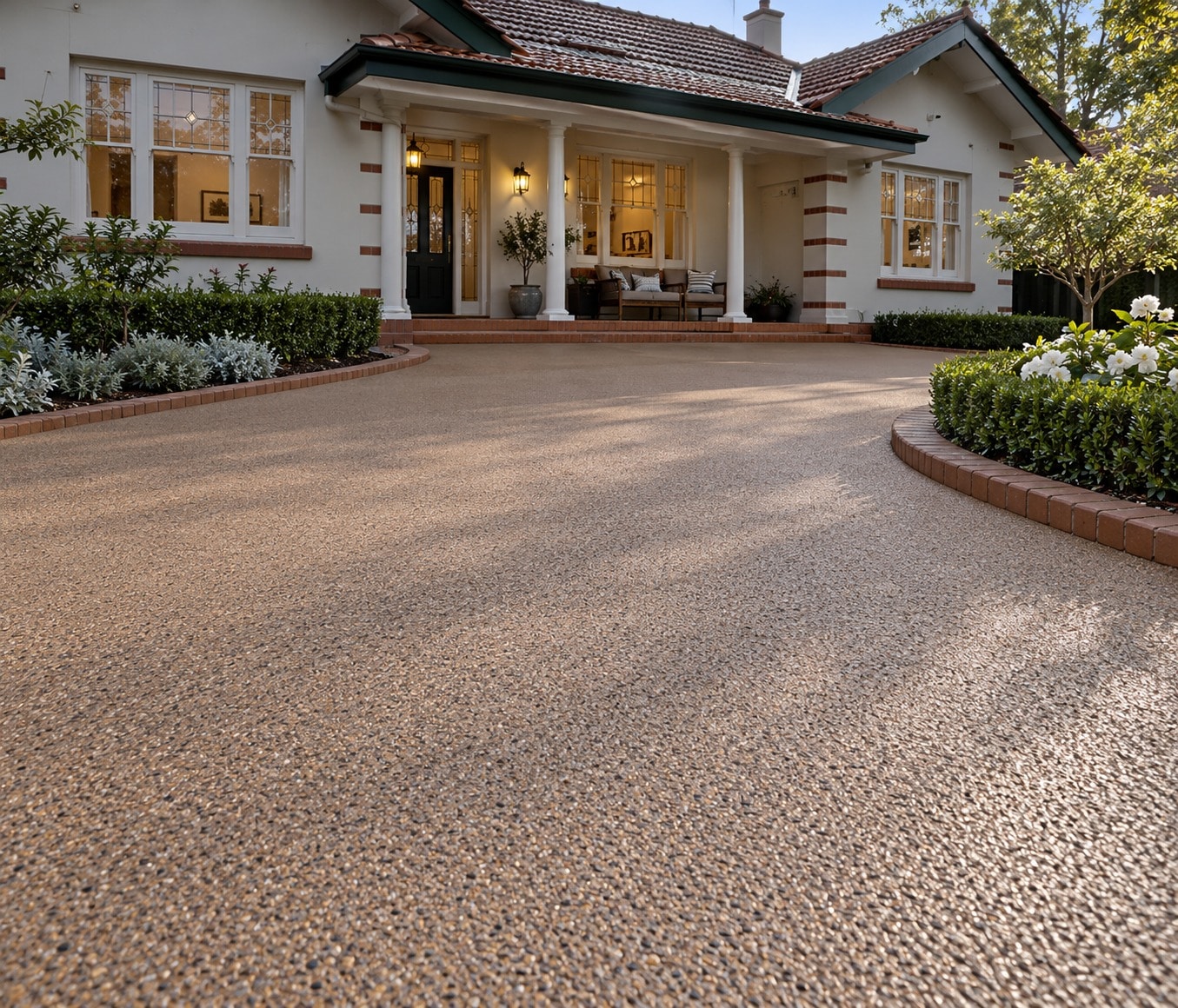 Curved spray-on concrete driveway in a warm pebble finish in Watson, ACT