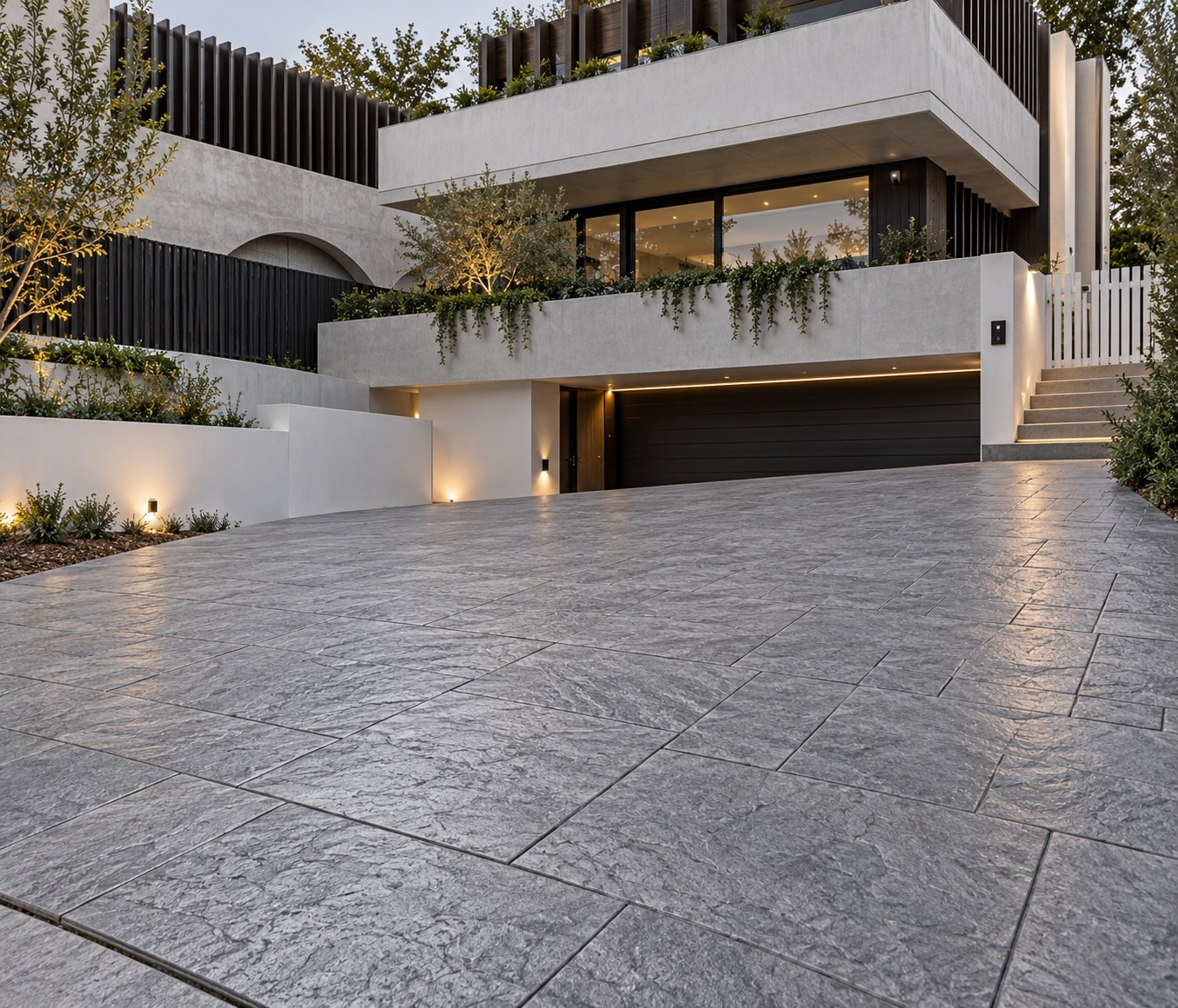 Slate-textured stamped concrete driveway at a contemporary home in Duffy, ACT