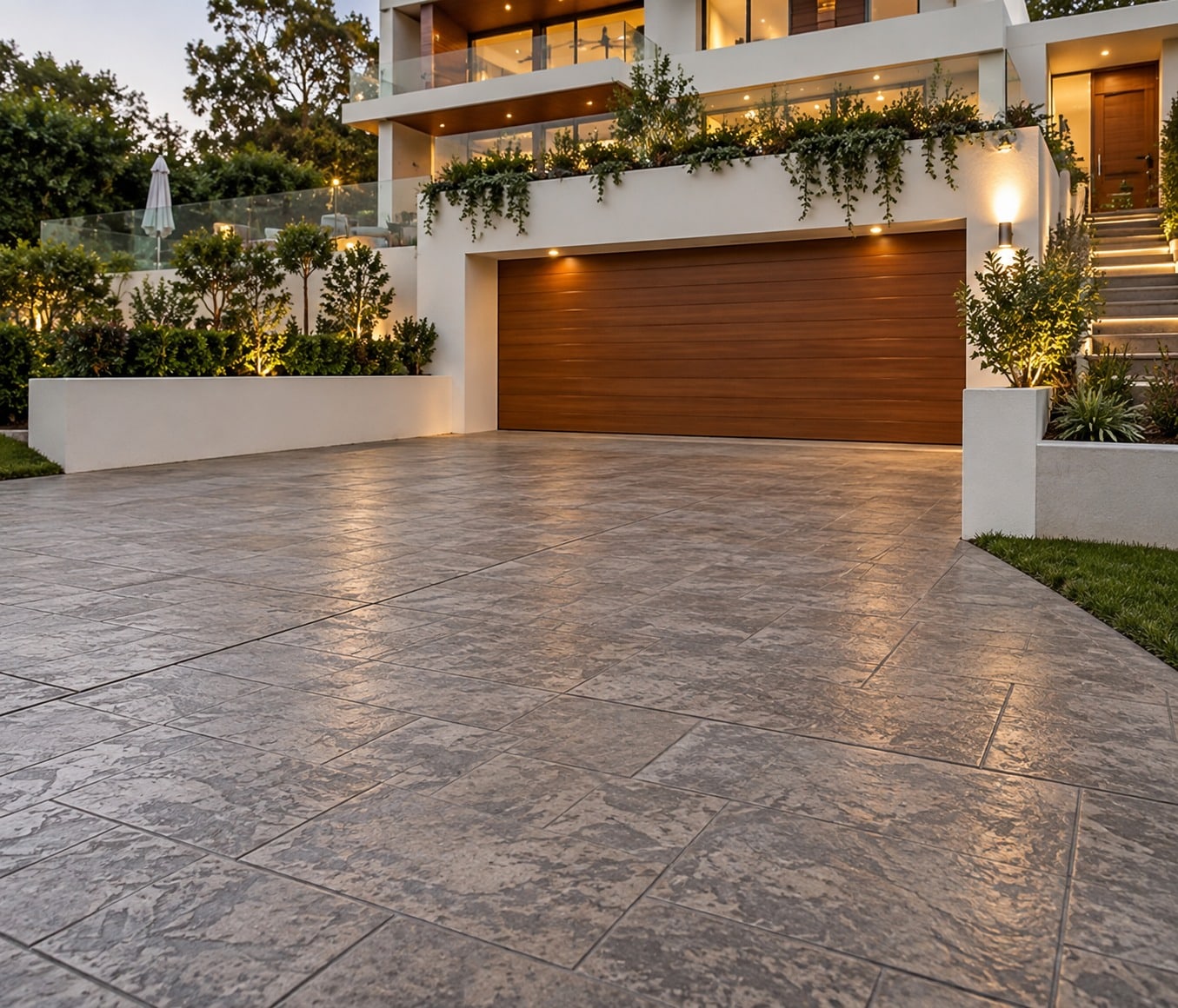 Stencilled flagstone-pattern concrete driveway at a terraced home in Cook, ACT