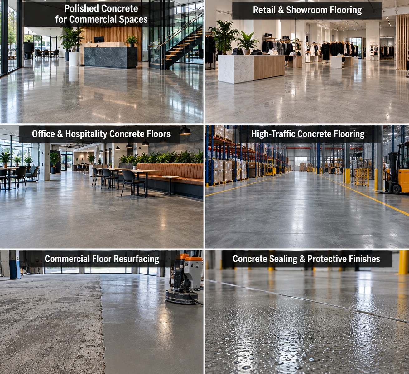 Six commercial concrete flooring applications side by side, each labelled: polished concrete for commercial spaces, retail and showroom flooring, office and hospitality concrete floors, high-traffic concrete flooring, commercial floor resurfacing, and concrete sealing and protective finishes