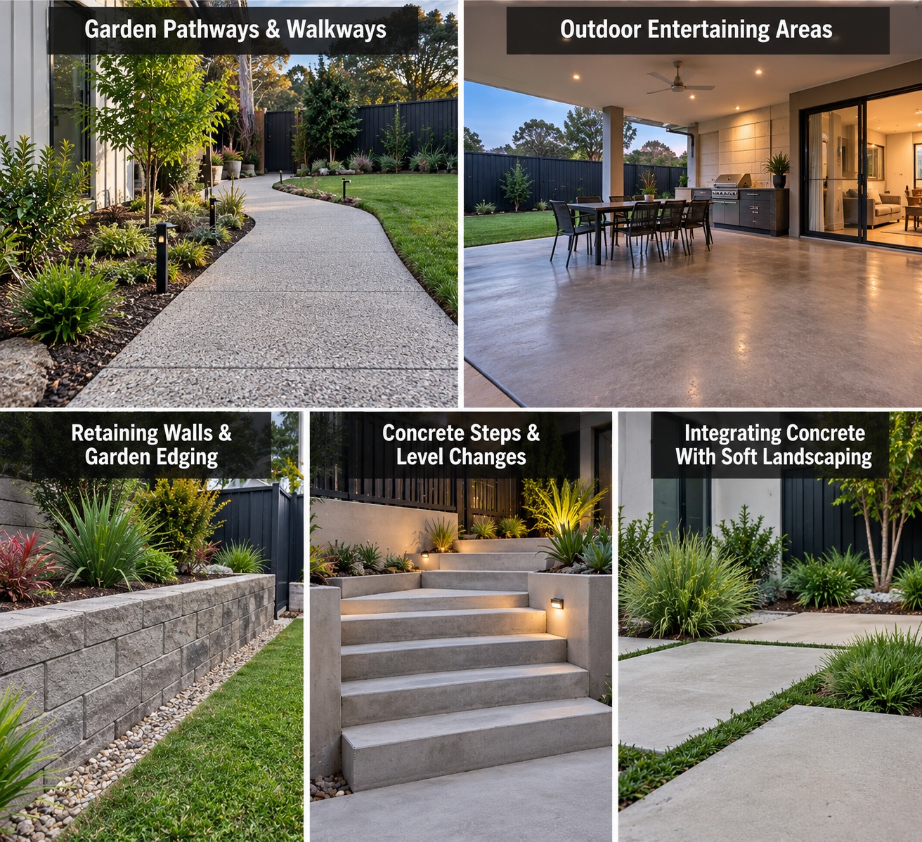 Five concrete hardscape elements side by side, each labelled: garden pathways and walkways, outdoor entertaining areas, retaining walls and garden edging, concrete steps and level changes, and integrating concrete with soft landscaping