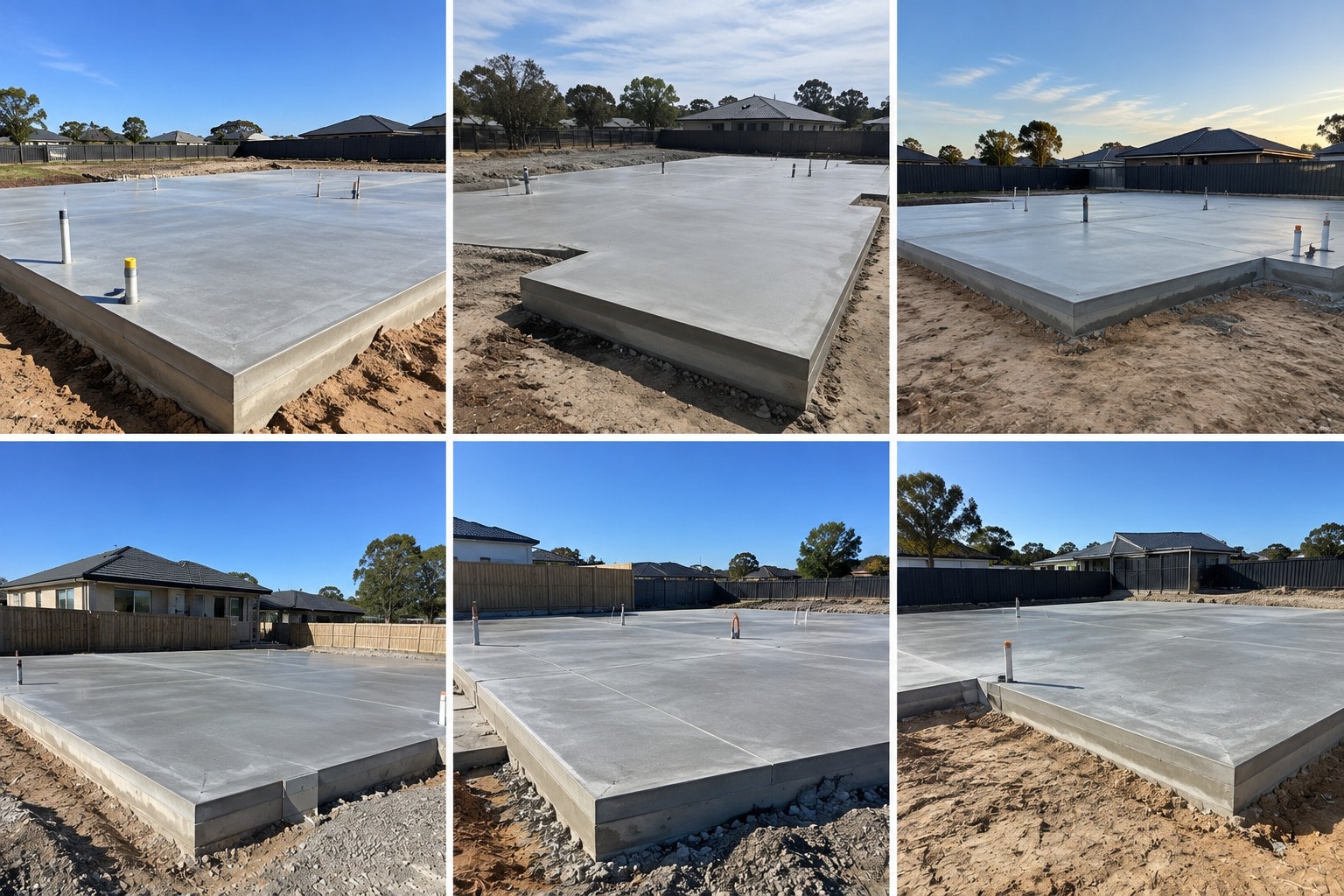 Six finished concrete slabs on Canberra building sites, edges formed and service risers in place, ready for structures to go up