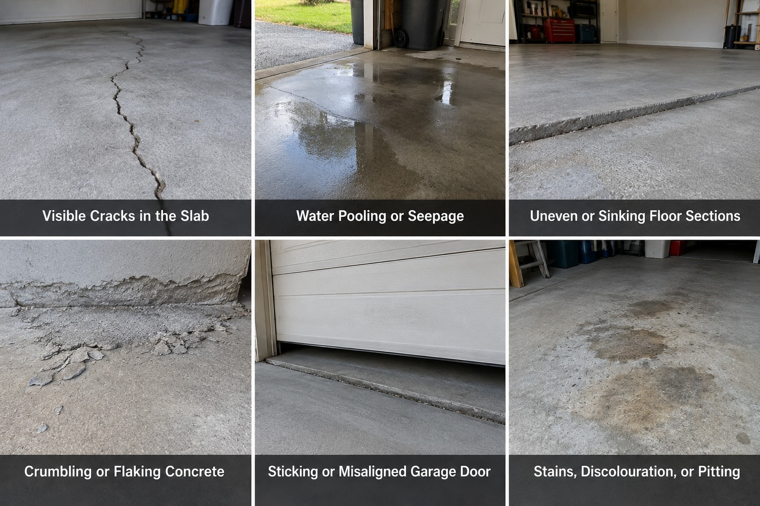 Six signs of garage slab damage side by side, each labelled: visible cracks in the slab, water pooling or seepage, uneven or sinking floor sections, crumbling or flaking concrete, sticking or misaligned garage door, and stains, discolouration or pitting
