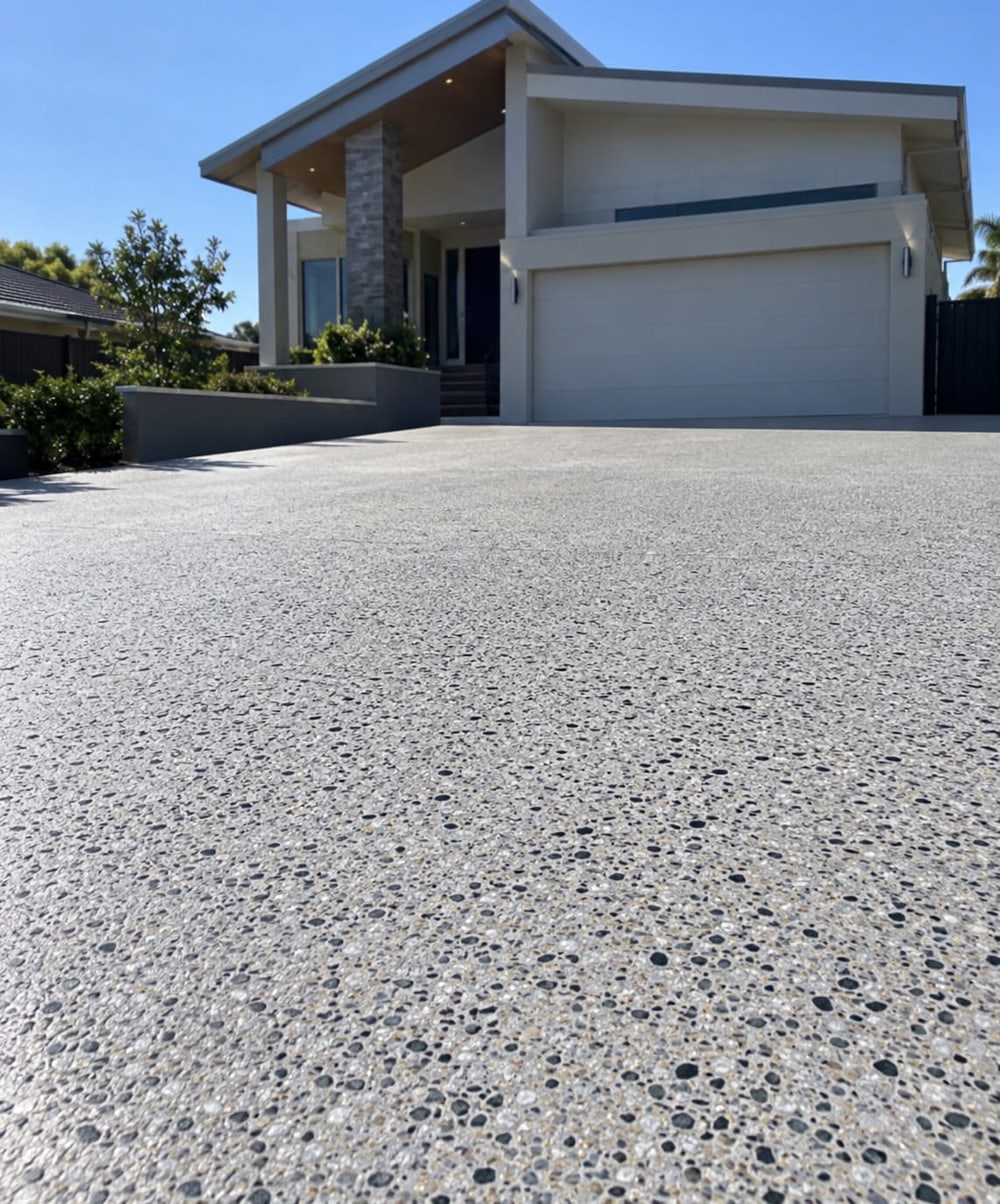 Honed concrete driveway ground flat at a Canberra home