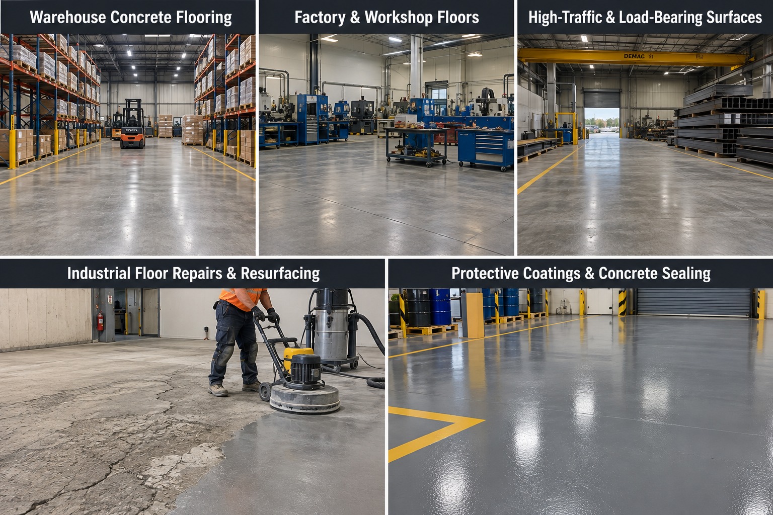 Five industrial concrete floor applications side by side, each labelled: warehouse concrete flooring with racking and a forklift, factory and workshop floors, high-traffic and load-bearing surfaces under a gantry crane, industrial floor repairs and resurfacing being ground back, and protective coatings and concrete sealing